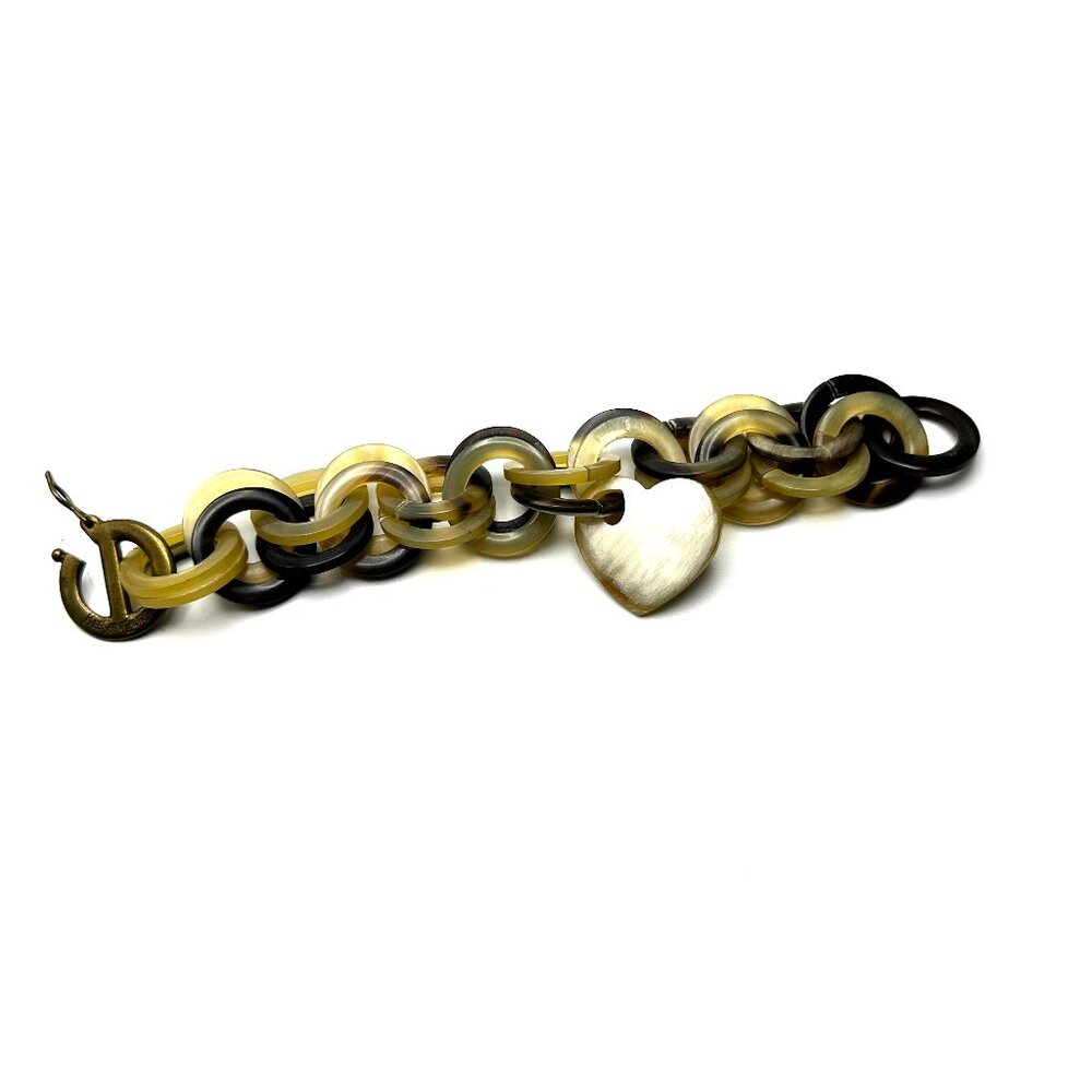 Vintage 1980s YSL Carved Horn Chain Link Bracelet— Heart Charm — Signed — EUC - Picture 4 of 10